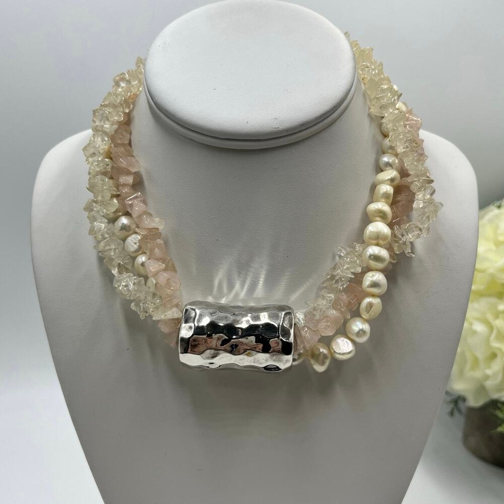 Simon Sebbag MultiStrand 925 Rose Clear Quartz Light Pearl Slider‎ Necklace 17"
